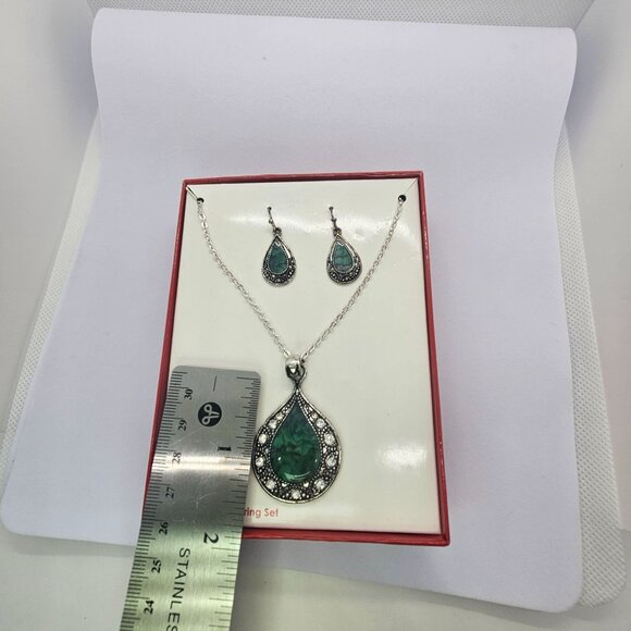 Silver Tone Necklace & Earring Set Faux Mother Of Pearl Enamel - Picture 11 of 13